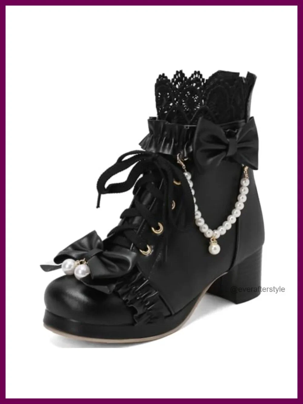 LUXMAX Lolita Ankle Boots Chunky Mid Heel Lace Up Bow
